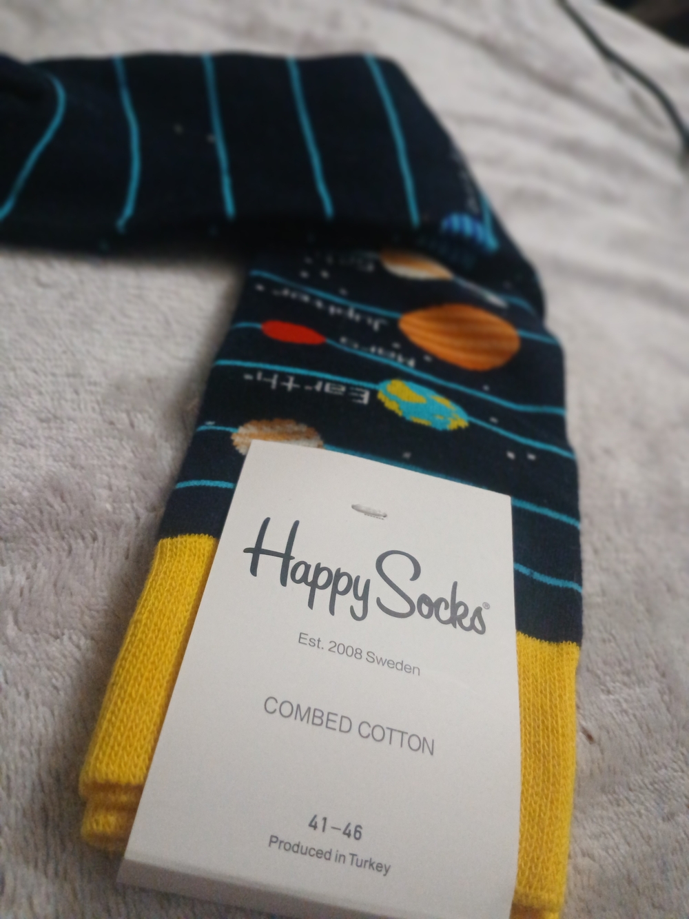 Happy Socks Navy Crew Socks with Yellow Cuff and Planet Motif